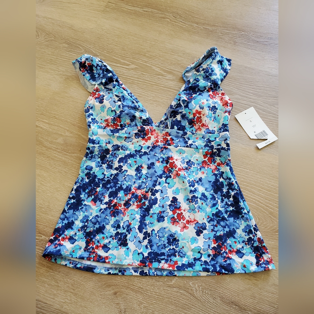 Crown & Ivy Ruffle Tankini Swimsuit Top Blue Floral NWT Size Small $59